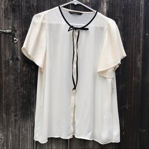Zara basics cream blouse with black velvet tie